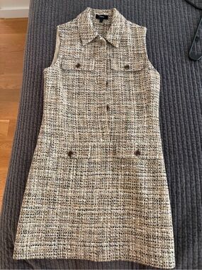Theory Beige and Black Tweed Sleeveless Shift Dress